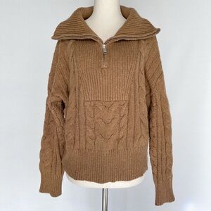Banana Republic Wool Cavi Half Zip Cable Knit Sweater Camel Brown